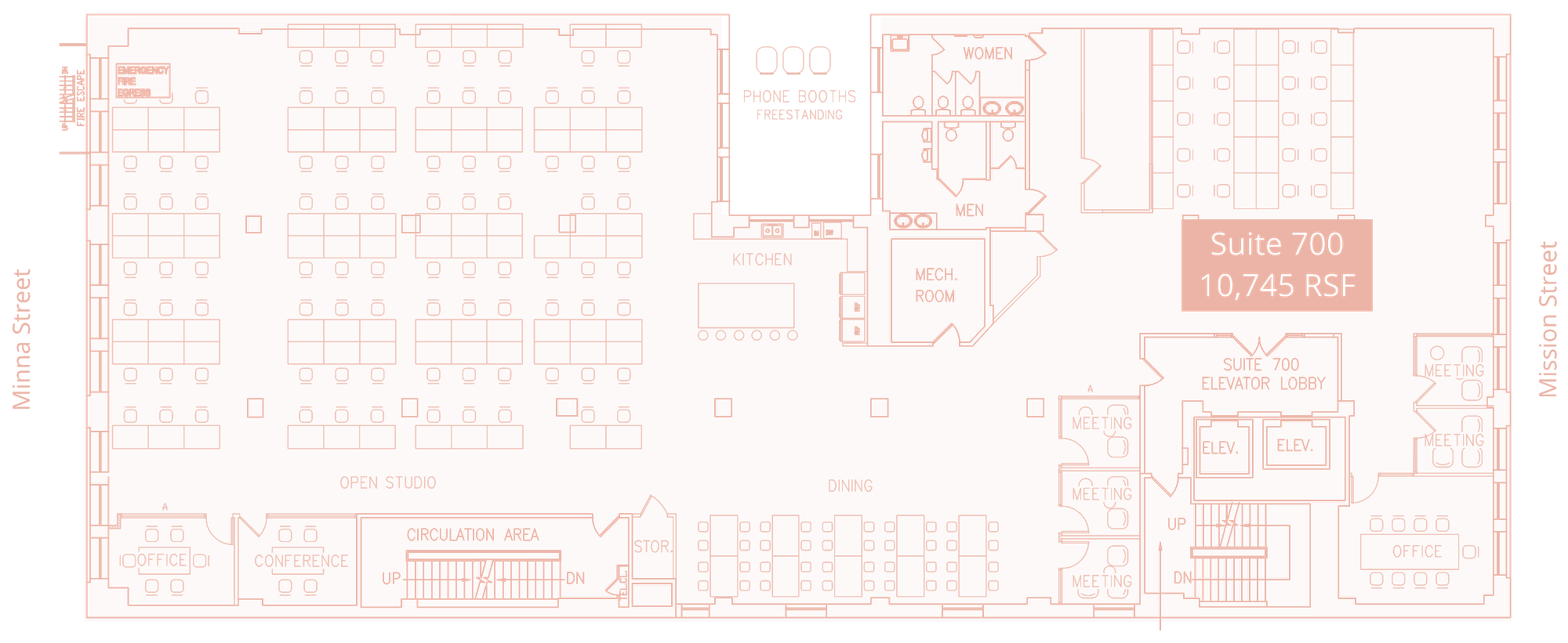 Suite 700 floor plan, furnished: desk clusters across the open studio, a desk area by Mission Street, dining tables, the kitchen island and stools, an office and a conference room by Minna Street, five meeting rooms, an office on Mission Street, and three freestanding phone booths drawn beside the plan
