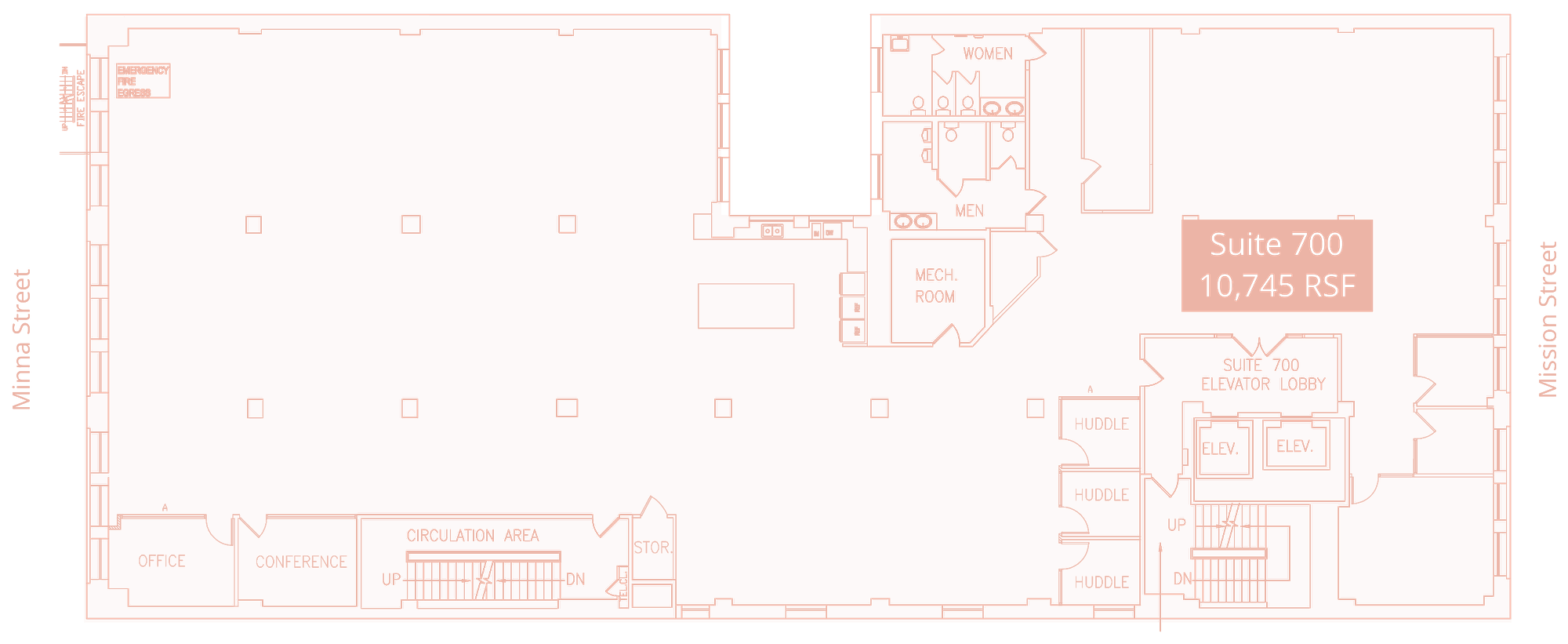 Suite 700 floor plan showing meeting rooms, a conference room, offices, open studio, kitchen and elevator lobby